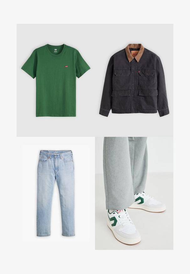 Donkergrijs werkjack met vier voorflapzakken en een contrasterende bruine kraag tegen een lichtgrijze achtergrond.; Groene katoenen t-shirt met een ronde hals, korte mouwen en een klein rood Levi's-logo op de linkerkant van de borst. Zachte textuur, normale pasvorm.; Lichtblauwe denim jeans met een recht model, vijf zakken en contrasterende stiksels. Knopen- en ritssluiting bij de taille.; Witte en groene sneakers van glad leer en suedemateriaal, met een opvallende groene logo-accent en witte veters. Grijze broeken gedeeltelijk zichtbaar.