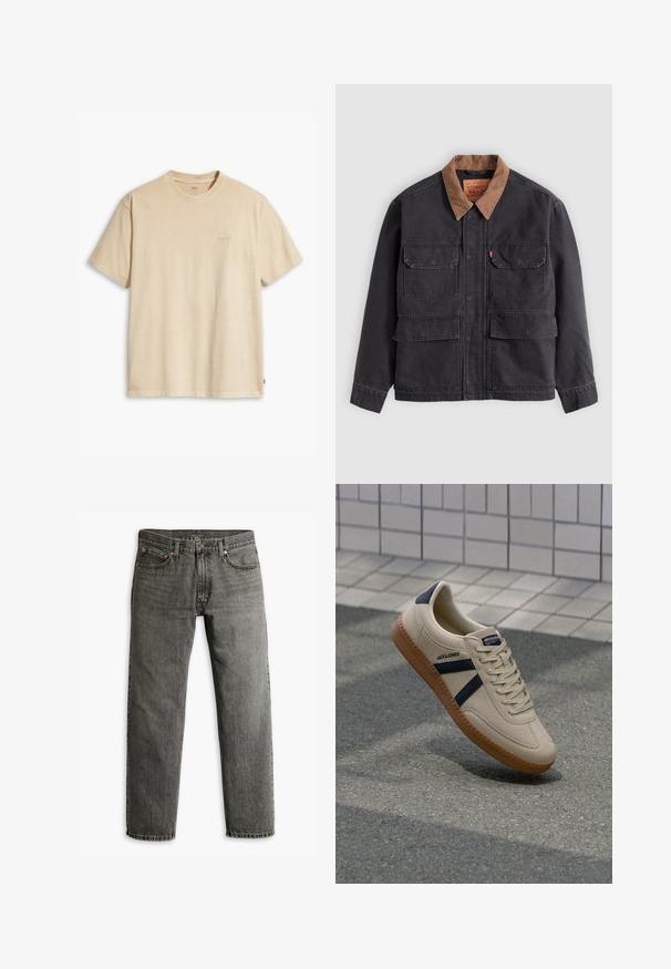 Veste de travail gris foncé avec quatre poches à rabat à l'avant et un col marron contrasté sur fond gris clair.; T-shirt en coton beige avec un col rond et des manches courtes. Présente un logo "Levi's" subtil de la même couleur sur la poitrine. Texture douce.; Jean en denim gris avec une coupe droite, style classique à cinq poches et des détails de couture subtils sur les coutures et les poches.; Baskets beiges avec une finition texturée, bandes navy et semelle en caoutchouc. Équipées d'une languette rembourrée et d'un système de laçage traditionnel pour un maintien sécurisé.