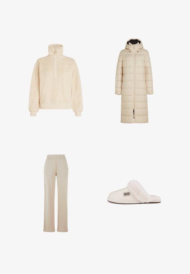 Manteau rembourré long en beige clair avec une capuche, fermeture éclair à l'avant et poches latérales. Dispose d'un matelassage horizontal et de poignets de manches ajustables.; Pull en polaire beige doux avec un col montant, une fermeture éclair demi-longueur, des poignets côtelés et un motif léopard subtil, marqué O'Neill sur la poitrine.; Pantalons de survêtement beige à jambes larges avec une taille élastique et des coutures latérales discrètes. Fabriqués à partir d'un matériau doux et texturé. Aucuns logos visibles.; Pantoufle slip-on beige clair avec un revers en fourrure crémeux et duveteux, tige en daim doux, semelle extérieure texturée et un label métallique de marque sur le côté.