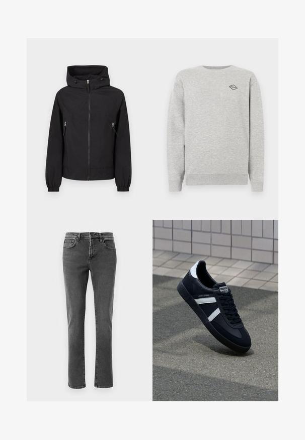 Sort hættejakke med lynlås foran, to lynlåslommer i siderne og elastiske manchetter på ærmerne.; Grå sweatshirt lavet af en blanding af bomuld, med rund halsudskæring og ribbede manchetter. Et lille sort diamantlogo er broderet på brystet.; Sorte straight-leg denim jeans med front- og baglommer, lynlåslukning og knaplukning på en neutral hvid baggrund.; Sort lædersneaker med hvide striber, tekstureret gummisål og snørrebånd foran. Har et brandet mærke på tungen.