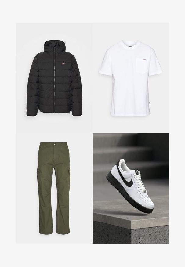 Chaqueta de plumón negra con cierre delantero y capucha, presenta un diseño acolchado y un pequeño logo en el pecho. Textura de tela suave.; Camiseta de algodón blanca con cuello redondo, mangas cortas y un bolsillo en el pecho que presenta un pequeño logotipo de la marca en el lado izquierdo.; Pantalones cargo en verde oliva oscuro, con múltiples bolsillos laterales, un corte recto y una tela resistente con un acabado texturizado.; Zapatilla deportiva de cuero blanco con detalles en negro, punta redondeada y detalles perforados. Suela de goma negra con patrón texturizado y cierre de cordones.