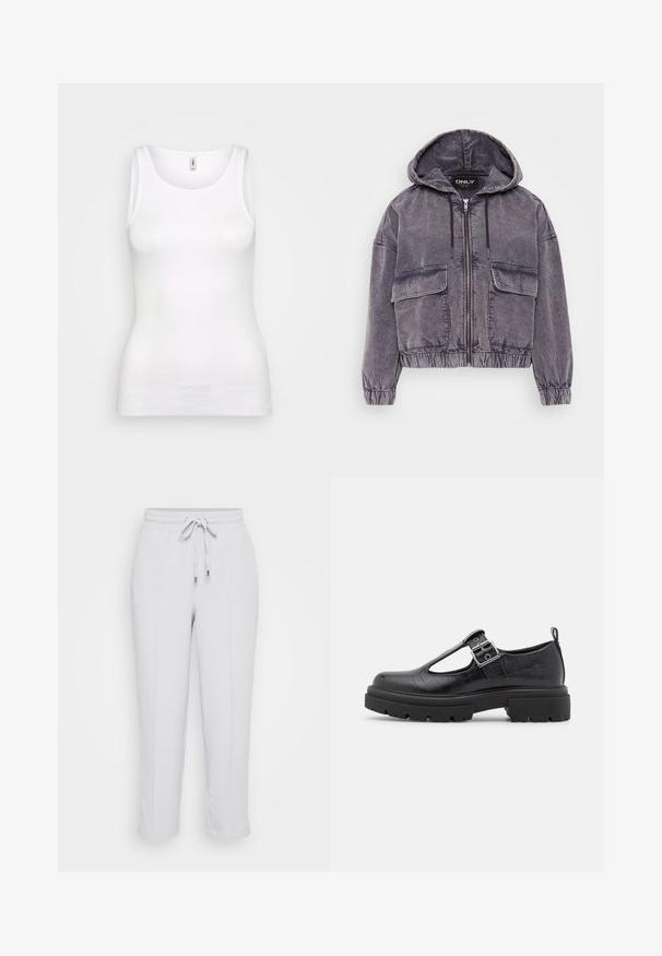 Veste en velours côtelé grise avec capuche, fermeture éclair, deux poches avant, poignets élastiqués et ourlet. Présente une surface texturée avec une coupe décontractée.; Débardeur blanc à côtes avec un col rond et des bretelles larges, arborant une coupe ajustée qui épouse la silhouette. Pas de motifs ni d'accents visibles.; Pantalons légers gris clair à taille élastique avec cordon de serrage ajustable, dotés de deux poches latérales et d'une coupe fuselée. Texture de tissu lisse.; Chaussure en simili cuir noir avec texture crocodile, bout arrondi, bride à la cheville avec boucle métallique et semelle en caoutchouc épaisse.