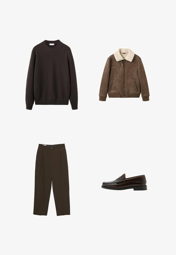 Veste bombardier en daim marron avec un col en fourrure crème, des poignets et un ourlet côtelés ; présente deux poches frontales zippées et une fermeture éclair à l'avant.; Pull marron en tricot avec un col ras du cou côtelé, des manches longues et des poignets et un ourlet côtelés. Confectionné en fil doux avec une finition texturée.; Pantalons ajustés marron foncé avec des plis à l'avant, passants de ceinture et fermeture à bouton à la taille.; Mocassin penny en cuir marron foncé avec bout moc cousu, talon bas et finition lisse, présenté de profil sur fond blanc.