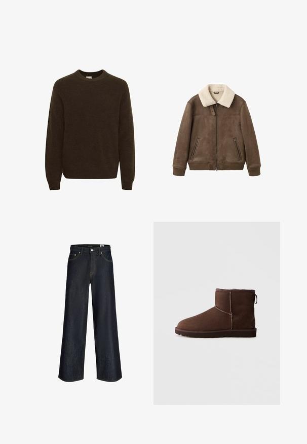 Brun ruskinds bomberjakke med en cremet shearling krave, ribbede manchetter og søm; har to lynlåslommer foran og lynlås lukning foran.; Brun striktrøje med rund halsudskæring, lange ærmer og en blød tekstur. Designet har et ribbet mønster overalt.; Mørkeblå vidbenede jeans med frontknap, lommer og synlige orange syninger på hvid baggrund.; Brune ruskindsankelstøvle med synlig syning, flad sål og blød foring, set fra ydersiden mod en ensfarvet baggrund.