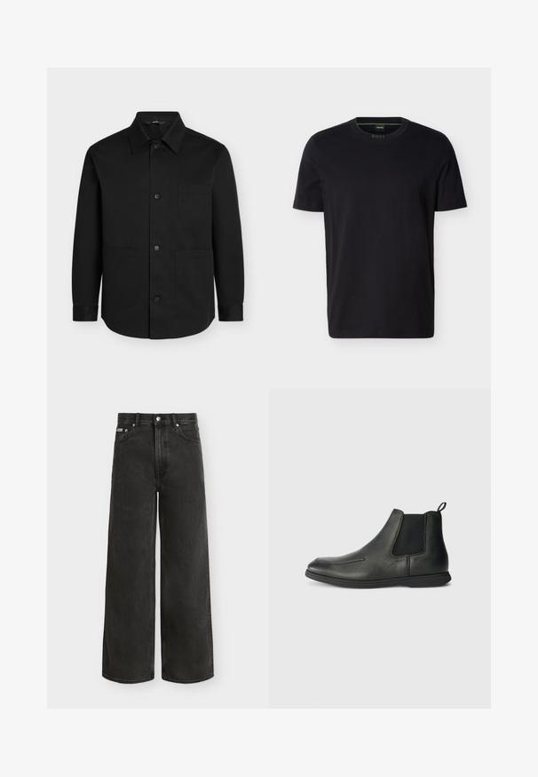Sort skjorte med lange ærmer og knapper, spids krave og tre forlommer på ensfarvet baggrund.; Sort kortærmet T-shirt med rund hals og en lille grøn "BOSS"-label inde i kraven.; Sorte jeans med høj talje og vide ben med knap- og lynlås-lukning, for- og baglommer, vist mod en hvid baggrund.; Sorte læder ankelstøvler med en glat overflade, elastiske sidepaneler og en løkke bagpå. Rundet tå og gummisål.