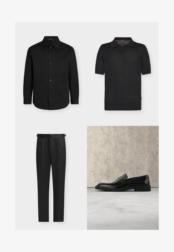 Chemise noire à manches longues boutonnée avec un col pointu et trois poches plaquées à l'avant sur un fond uni.; Polo noir à manches courtes avec col, encolure en V avec entaille, poignets et ourlet côtelés, et une petite étiquette BOSS à l'intérieur du col.; Pantalon formel noir fuselé avec des plis près de la taille et des sangles latérales réglables, présenté sur fond clair.; Mocassin en cuir noir poli flottant au-dessus d'un tapis beige avec un mobilier translucide orange en arrière-plan.