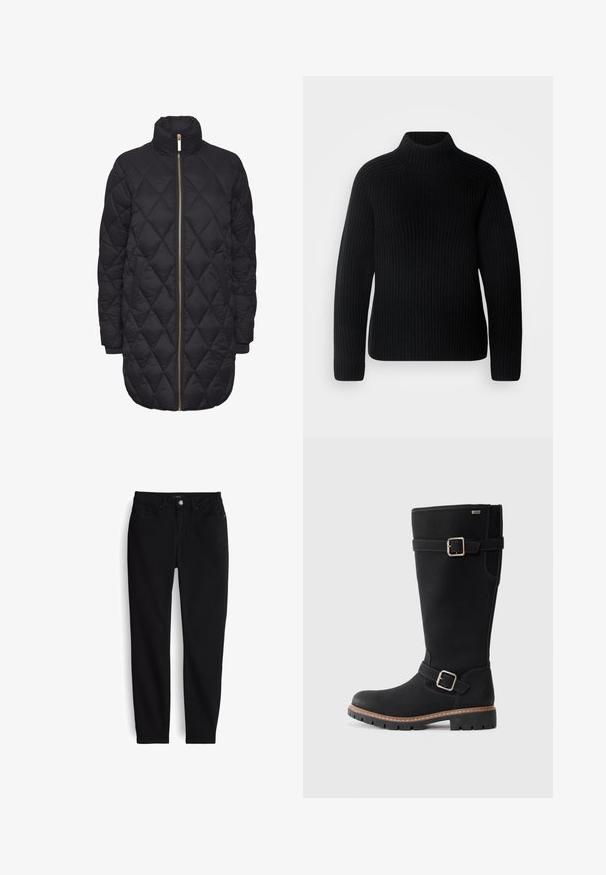 Zwarte gewatteerde lange jas met hoge kraag, gouden rits en zijzakken. Kenmerkt zich door een diamanten patroon en geribbelde manchetten.; Zwarte turtleneck sweater van ribstof. Voorzien van lange mouwen en een nauwsluitend ontwerp met een hogere neklijn. Zachte textuur.; Zwarte slim-fit spijkerbroek met knopen en rits aan de voorkant, vijf zakken en ceintuurlussen, plat gelegd op een witte achtergrond.; Zwarte knie-lange laars van glad synthetisch materiaal, voorzien van een zijgesp en decoratieve stiksels, met een gestructureerde rubberen zool.