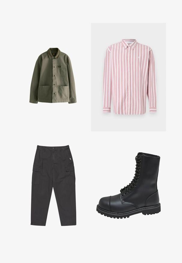 Olivgrüne Jacke aus strapazierfähigem Material mit einem Cordkragen, knöpfbarem Frontverschluss, zwei großen Taschen und einer kleinen Brusttasche.; Gestreiftes Hemd zum Knöpfen in Pink und Weiß. Verfügt über einen Kragen, lange Ärmel und ein kleines Logo. Hergestellt aus gewebtem Stoff.; Schwarze Cargo-Hosen mit lockerer Passform, die über mehrere Taschen, einen Knopfverschluss und einen strukturierten Stoff verfügen.; Schwarze Lederkampfstiefel mit hohem Schaft, Schnürung an der Vorderseite, gepolstertem Kragen und rutschfester, strukturierter Sohle für guten Halt. Mit verstärkter Zehenkappe.