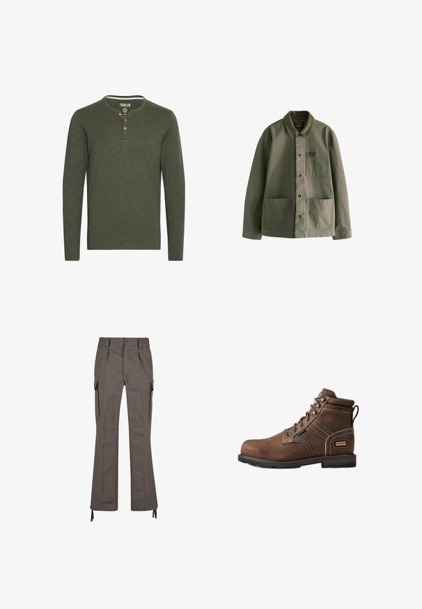 Chaqueta verde oliva en tela duradera, que presenta un cuello de micropana, cierre de botones en el frente, dos grandes bolsillos y un pequeño bolsillo en el pecho.; Solid SDVOLKO - Camiseta de manga larga - olive; Pantalones cargo en verde oliva, hechos de un tejido resistente. Cuenta con bolsillos laterales, parte delantera con pliegues y lazos en los tobillos. Diseño de pierna recta.; Bota de trabajo marrón de cuero con cordones, puntera de acero, etiqueta impermeable, cuello acolchado en el tobillo y logo Ariat Work en el talón.