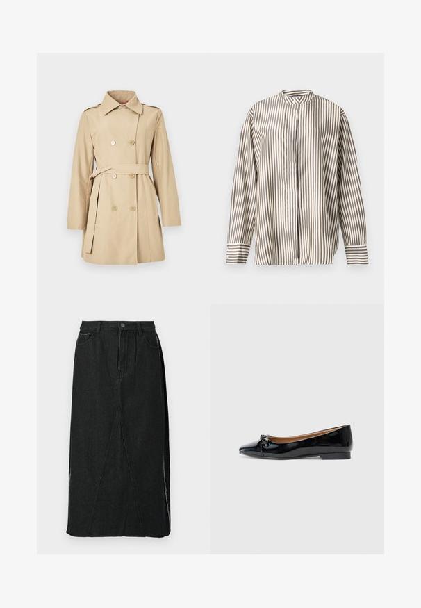 Trench-coat beige croisé avec ceinture, manches longues, épaulettes et col classique sur un fond neutre.; Chemise à manches longues avec des rayures verticales marron et blanches, boutonnée sur le devant, col montant sur un fond uni clair.; Jupe en denim noire avec une taille haute, coupe droite et coutures angulaires uniques. Présente des fentes latérales et une fermeture à bouton à la taille.; Ballerines en cuir verni noir avec un bout pointu, un petit nœud à l'avant et un petit talon carré. Texture lisse et brillante.