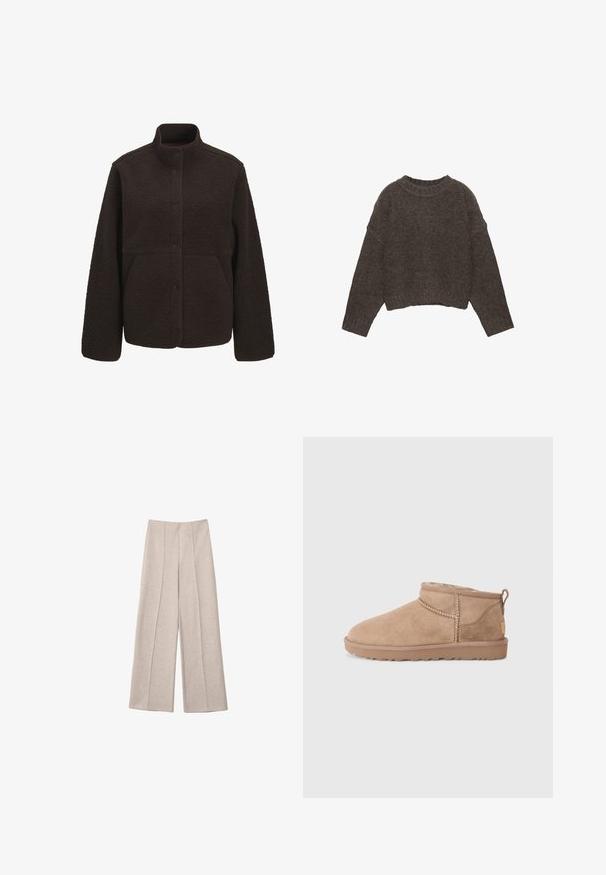 Veste en polaire marron foncé avec col montant, fermeture à boutons-pression à l'avant, et deux poches latérales, présentée sur un fond blanc uni.; Pull marron court avec un motif en maille texturée, manches larges et col côtelé, offrant une coupe décontractée.; Pantalons larges beiges en tissu doux, avec des plis avant marqués et une taille haute cintrée, sans poches visibles.; Bottines en daim marron avec un intérieur en douceur, un détail de couture et une semelle en caoutchouc texturée pour une meilleure adhérence. Une boucle à l'arrière pour un enfilage facile.