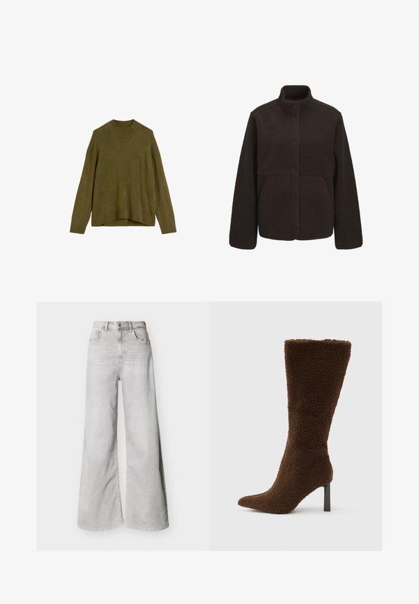 Veste en polaire marron foncé avec col montant, fermeture à boutons-pression à l'avant, et deux poches latérales, présentée sur un fond blanc uni.; Pull en tricot vert olive avec un col rond côtelé, des épaules tombantes et une coupe ample. L'ourlet est légèrement plus long à l'arrière.; Jeans larges gris clair en jean, avec une taille haute, des poches avant et une fermeture à boutons. Texture lisse avec un léger aspect délavé.; Botte à talon marron avec un matériau texturé et duveteux. Présente un bout pointu et un talon carré étroit. Design vertical avec une tige haute.