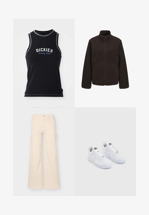 Dunkelbraune Fleecejacke mit Stehkragen, Druckknopfleiste vorne und zwei Seitentaschen, dargestellt vor einem einfarbigen weißen Hintergrund.; Schwarzes ärmelloses Tanktop mit grauen Nähten. Mit dem "DICKIES"-Logo in Weiß und Blau. Aus einem glatten, dehnbaren Stoff.; Beige Hose mit weitem Bein, Front- und Gesäßtaschen, Gürtelschlaufen, Knopfverschluss und einem seitlichen Schlaufen-Detail vor einfarbigem Hintergrund.; Weiße Nike Air Force 1 Sneaker mit einem geschmeidigen Obermaterial aus Leder, perforierter Zehenbox, weißen Schnürsenkeln und schwarzem Branding auf der Zunge.