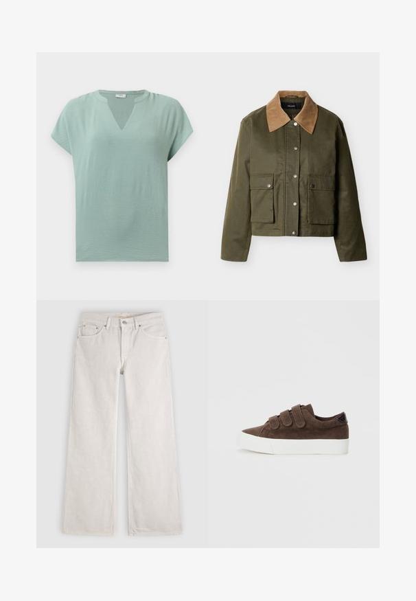 Olijfgroene jas met beige corduroy kraag, drukknoopsluiting aan de voorkant en twee grote klepzakken aan de voorkant, lange mouwen.; Muntgroene blouse met korte mouwen, een V-hals en een gestructureerde afwerking. Zacht stof met een losse pasvorm en subtiele drapering.; Wijde off-white denim jeans met voorzakken, riemlussen, knoopsluiting en rits.; Bruine corduroy sneakers met drie klittenbandsluitingen, witte rubberen zool en een textuurstof voor extra detail.