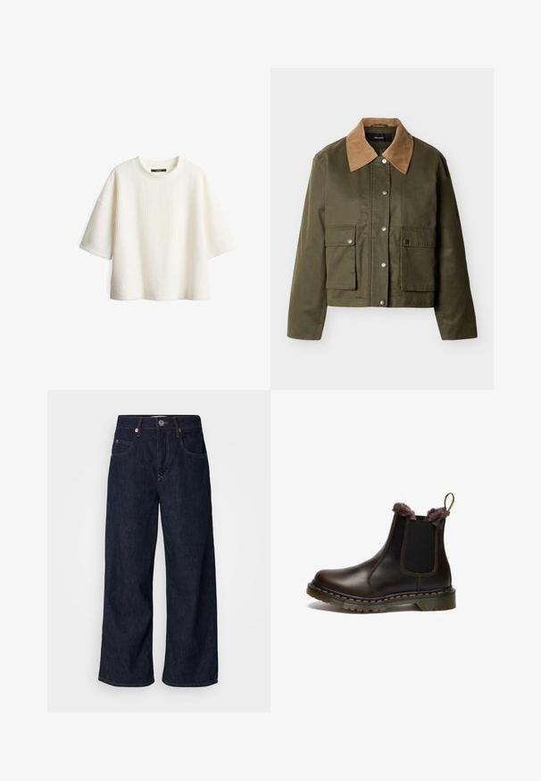 Olijfgroene jas met beige corduroy kraag, drukknoopsluiting aan de voorkant en twee grote klepzakken aan de voorkant, lange mouwen.; Witte, gestructureerde gebreide trui met korte mouwen en een ronde halslijn. Heeft een losse pasvorm en een ribbelpatroon over de gehele trui.; Wijdvallende denim jeans in donkerblauw, met een hoge taille, twee voorzakken, een knoopsluiting en contrasterende stiksels.; Bruine leren Chelsea-boot met elastische zijkanten, nep-bont trim, gele stiksels en een geribbeld rubberen zool.
