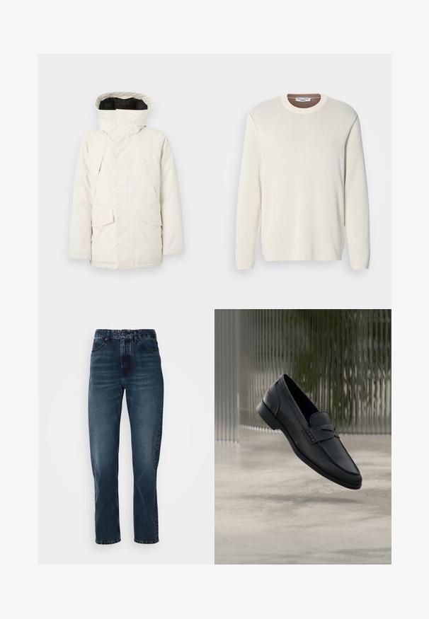 Parka color crema claro con cuello alto y capucha, equipada con cierre frontal de cremallera, dos grandes bolsillos en el pecho y una textura lisa y mate.; Suéter de pulóver color crema claro con cuello redondo, mangas largas y textura de tejido suave. Presenta un cuello de color marrón en contraste.; Jeans de pierna recta azul oscuro con cierre frontal de botón y cremallera, diseño de cinco bolsillos y un ligero desgaste en los muslos y las rodillas.; Zapato tipo mocasín de cuero negro con acabado liso, punta puntiaguda y detalles cosidos en la pala. Tacón bajo y diseño minimalista.