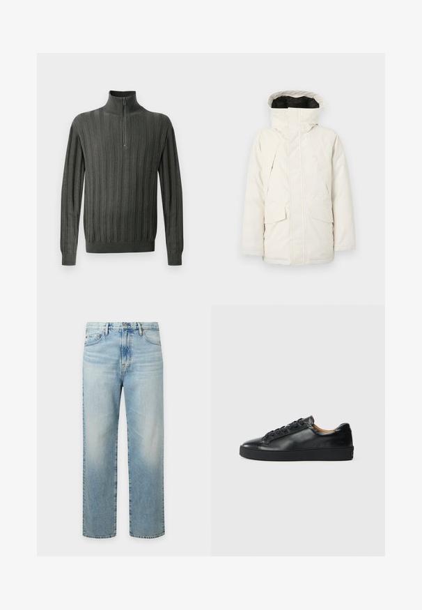 Parka crème claire avec un col montant et une capuche, dotée d'une fermeture éclair à l'avant, de deux grandes poches poitrine, et d'une texture lisse et mate.; Pull en tricot vert foncé avec un col zippé mi-haut, présentant une texture côtelée verticale et des poignets ajustés. Tissu doux, design décontracté.; Jeans en denim bleu clair à coupe droite avec poches avant, passants pour ceinture et fermeture par bouton.; Baskets en cuir noir avec une texture lisse, bout rond et fermeture à lacets. Comprend une semelle en caoutchouc épaisse et un minimum de détails de marque.