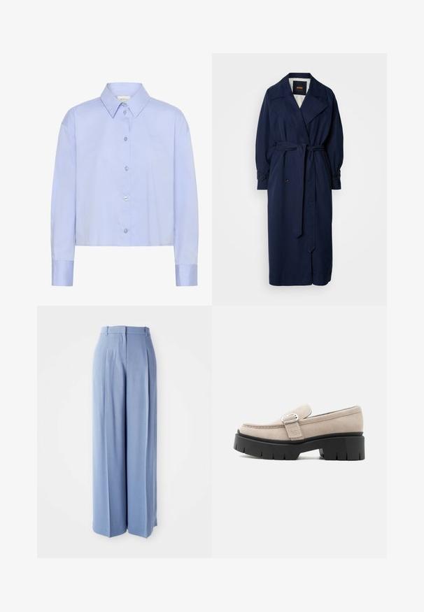 Navyblauwe trenchcoat met een riem in de taille, grote kraag en knoopmanchetten. Gemaakt van een soepele stof, met een gewatteerde voering.; Lichtblauw cropped button-up shirt met een kraag, lange mouwen en doorzichtige knopen. Subtiele logo-detail op de borst.; Lichtblauwe wijde broek met een gladde textuur, voorzien van plooien en riemlussen in de taille, ontworpen voor een comfortabele pasvorm.; Beige suède loafer met zilveren gesp en dikke zwarte chunkysouw, zijaanzicht op witte achtergrond.