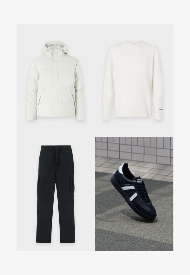 Chaquetón acolchado en gris claro, con cuello alto, capucha ajustable, dos bolsillos frontales y una tela lisa y texturizada.; Suéter blanco de punto con mangas largas, cuello redondo, puños y dobladillo acanalados, con un pequeño logo bordado en la manga izquierda.; Pantalones cargo negros con cintura elástica, cordón ajustable y bolsillos laterales. Fabricados con una tela suave y duradera; diseño de pierna recta.; Zapatilla de cuero negra con rayas blancas, suela de goma texturizada y parte frontal con cordones. Cuenta con una etiqueta de marca en la lengüeta.