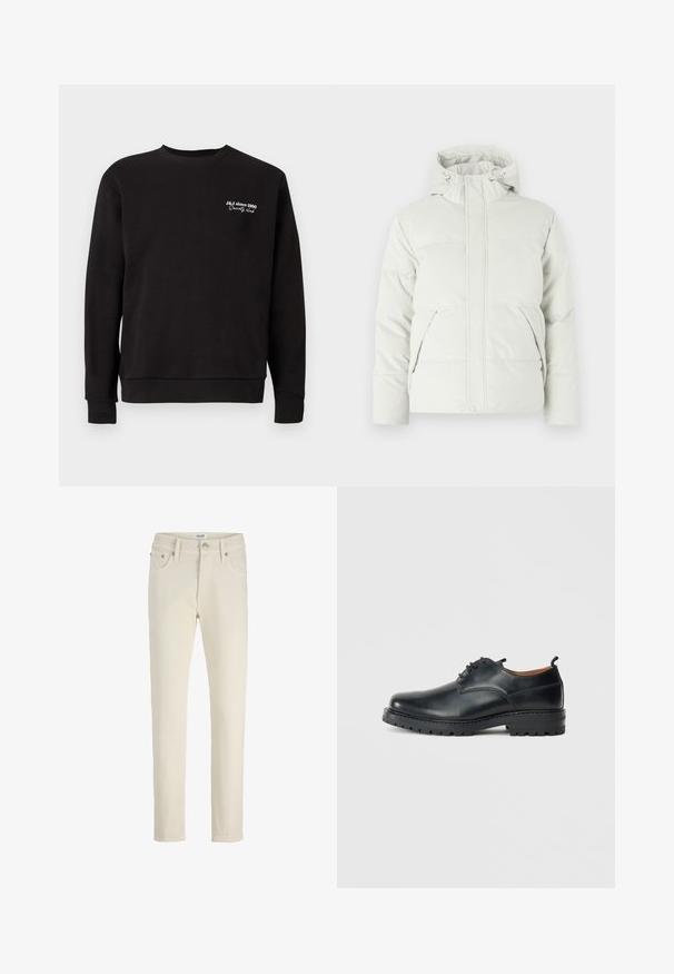 Pudret jakke i lys grå, med høj krave, justerbar hætte, to frontlommer og et glat, struktureret stof.; Sort sweatshirt med rund hals, ribbede manchetter og kant. Har hvid broderet tekst, der læser "J&J siden 1990 Society Club."; Beige denimbukser med lige ben, fem lommer, metalknap og diskret tekstur. Enkel og alsidig stil.; Sorte læder derby-sko med en glat overflade, rund tå, snøre-design og en tyk, robust gummisål.
