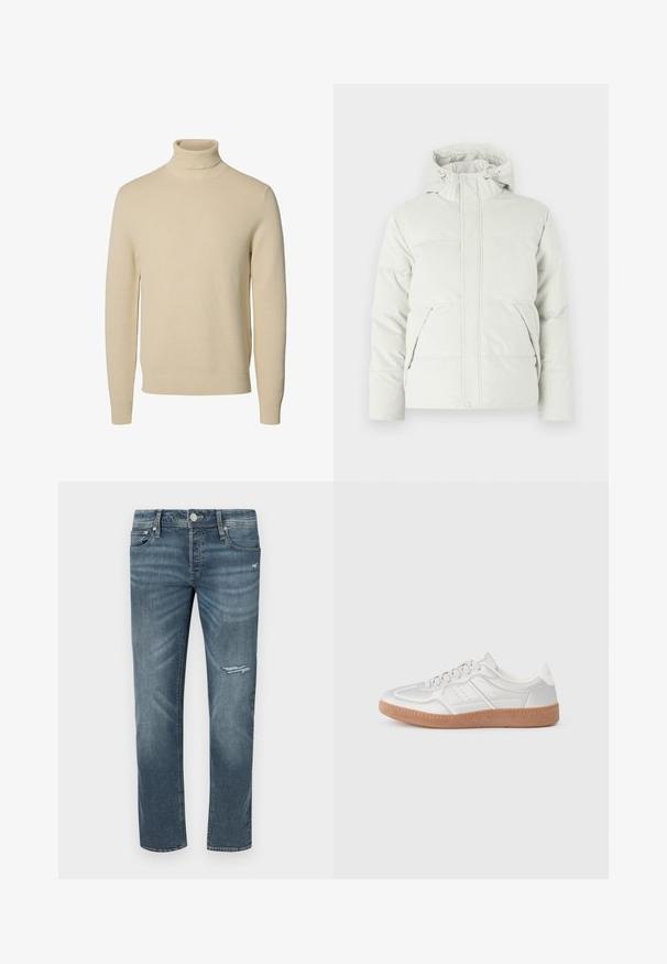 Chaquetón acolchado en gris claro, con cuello alto, capucha ajustable, dos bolsillos frontales y una tela lisa y texturizada.; Jersey de punto beige con cuello vuelto, mangas largas y puños y bajo acanalados, mostrado sobre un fondo blanco liso.; Jeans de mezclilla azul oscuro con corte recto, que presentan un detalle desgastado en la rodilla, cinco bolsillos y costuras en contraste. Cierre clásico de botón y cremallera.; Zapatillas plateadas con una textura suave, diseño de cordones, acentos perforados y una suela de goma marrón texturizada.