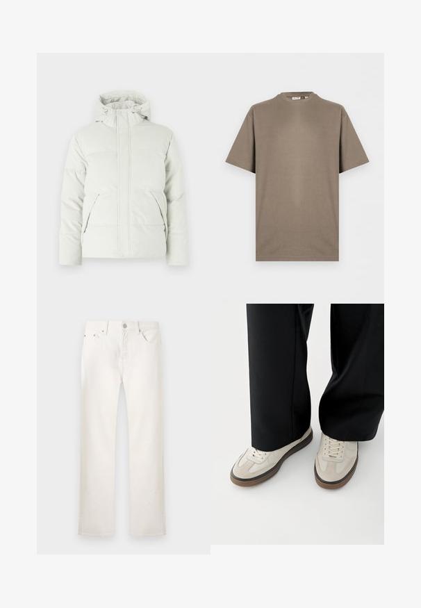 Veste matelassée en gris clair, avec un col montant, une capuche ajustable, deux poches avant et un tissu lisse et texturé.; T-shirt en coton taupe uni à manches courtes, col rond et coupe décontractée, présenté sur un fond blanc.; Jean blanc à jambes droites avec cinq poches, fermeture par bouton et passants pour ceinture, présenté sur un fond clair uni.; Pieds portant des baskets beige avec des semelles marron et un pantalon noir à jambes larges sur fond blanc.