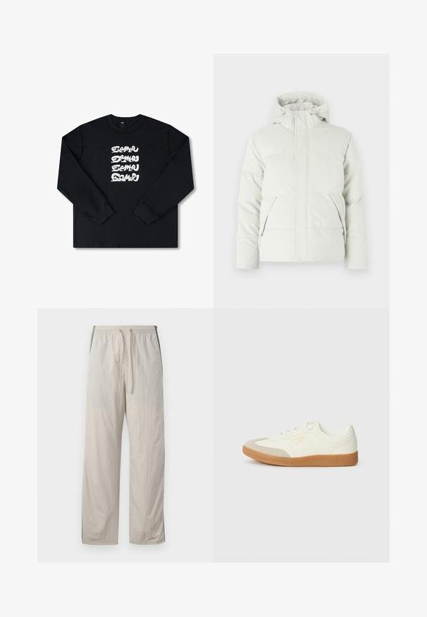 Chaquetón acolchado en gris claro, con cuello alto, capucha ajustable, dos bolsillos frontales y una tela lisa y texturizada.; Sudadera negra de manga larga con un logo gráfico blanco repetido en letras estilizadas en la parte delantera. Fabricada con un tejido suave.; Pantalones ligeros de color beige, con cordón y cintura elástica, que presentan paneles laterales oscuros y un diseño de pierna recta y holgada.; Zapatilla de cuero blanca con puntera beige y suela de goma marrón claro. Presenta cordones planos blancos y una marca en relieve en el lateral.