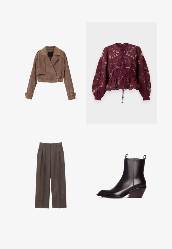 Brun ruskind cropped jakke med brede revers, bælte i taljen og manchetter samt en klappedetalje på højre bryst mod en hvid baggrund.; Mørkerød langærmet bluse med blomsterbroderi, blonderudskæringer, indsnøret talje og bindelukning foran på en ensfarvet baggrund.; Brune, højtsiddende bukser med vide ben, bæltestropper, læg foran og sidelommer, vist på en hvid baggrund.; Mørkebrun læder ankelstøvle med spids tå, der har en tekstureret træhælt og trækflapper på hver side for nem påtagning.