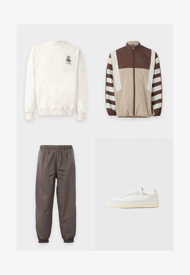 Veste coupe-vent marron et beige avec des rayures blanches, col montant, fermeture éclair, poignets élastiques et un logo sur la poitrine gauche.; Sweatshirt en coton blanc avec col rond, poignets et ourlet côtelés, arborant un graphique de serpent noir et le texte "HAN KJØBENHAVN" sur la poitrine.; Pantalons gris foncé à taille élastique avec une coupe décontractée. Présentent des poignets froncés et une broderie subtile sur les côtés. Tissu léger.; Baskets blanches avec dessus en daim et cuir texturé. Caractérisées par un bout arrondi, une fermeture à lacets et une semelle en caoutchouc beige contrastante.