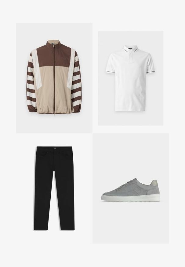 Brun og beige vindjakke med hvide striber, høj krave, lynlås lukning, elastiske manchetter og et logo på venstre bryst.; Hvid kortærmet poloshirt med sort kant på krave og ærmekanter, med knaplukning og ensfarvet front.; Sorte denimbukser med lige pasform, der har en standard talje, fem lommer og en knaplukning. Glat struktur over det hele.; Grå ruskind lav topsneaker med perforerede sider, snørelukning og hvid gummi sål på en ensfarvet baggrund.