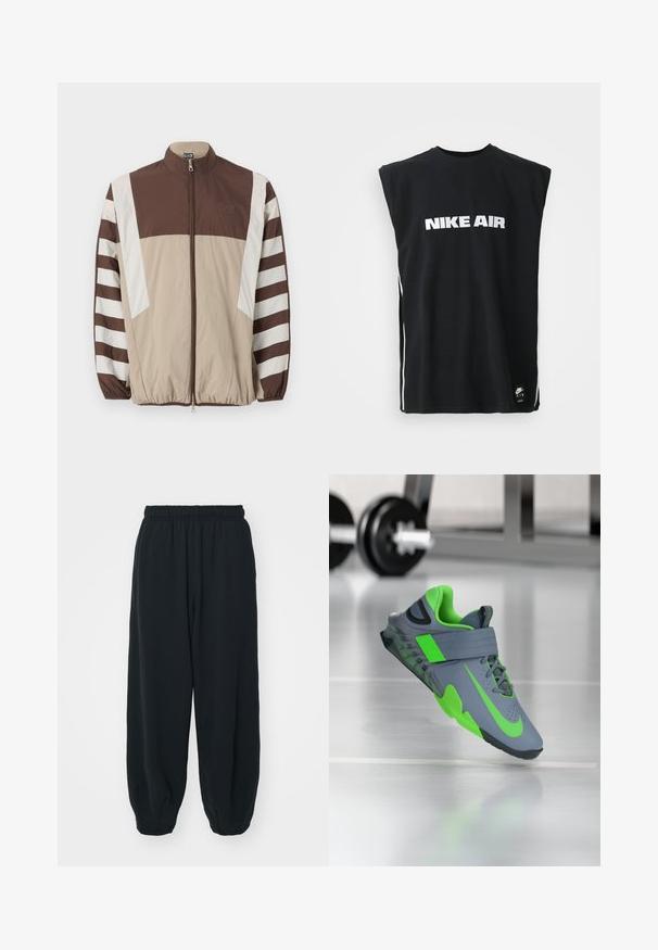 Braune und beige Windbreaker-Jacke mit weißen Streifen, hohem Kragen, Reißverschluss, elastischen Bündchen und einem Logo auf der linken Brust.; Schwarzes ärmelloses Nike Air Shirt mit weißem Logo-Text, der zentriert auf der Brust platziert ist, und einem kleinen schwarzen Nike Air Tag am unteren Saum.; Schwarze Sweatpants mit elastischem Bund, lockerer Passform, gerippten Beinabschlüssen, glatter Textur und ohne sichtbare Muster oder Hardware-Akzente.; Grauer Sportschuh mit einem grünen Akzentriemen und einer Sohle, ausgestattet mit einem strukturierten Obermaterial und perforierten Details für Atmungsaktivität.