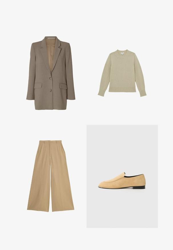Taupe enkeltknappet blazer med notch revers, to forlommer med klap og to knapper, vist på hvid baggrund.; Beige strikketrøje med rund hals, ribkant forneden og ved ærmerne. Let tekstureret stof med quiltede detaljer langs ærmerne.; Beige brede bukser lavet af et let væv, med to sidelommer, flad front og en glat overflade.; NEOUS POLARIS - Loafers - sand