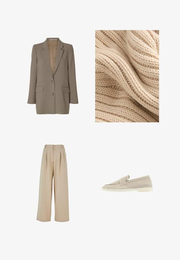 Blazer taupe de un solo pecho con solapas con muesca, dos bolsillos delanteros con solapa y dos botones, mostrado sobre un fondo blanco.; Tela beige de punto con acanalado texturizado, que muestra variaciones de grosor y una apariencia suave y difusa. Los hilos están tejidos de forma apretada.; Pantalones de pierna ancha beige con pliegues en la parte delantera, cierre de botón y una textura suave. Presenta una cinturilla entallada y bolsillos laterales.; Mocasines de ante beige claro con suela blanca baja, punta redondeada y una tira cosida a lo largo de la parte superior.