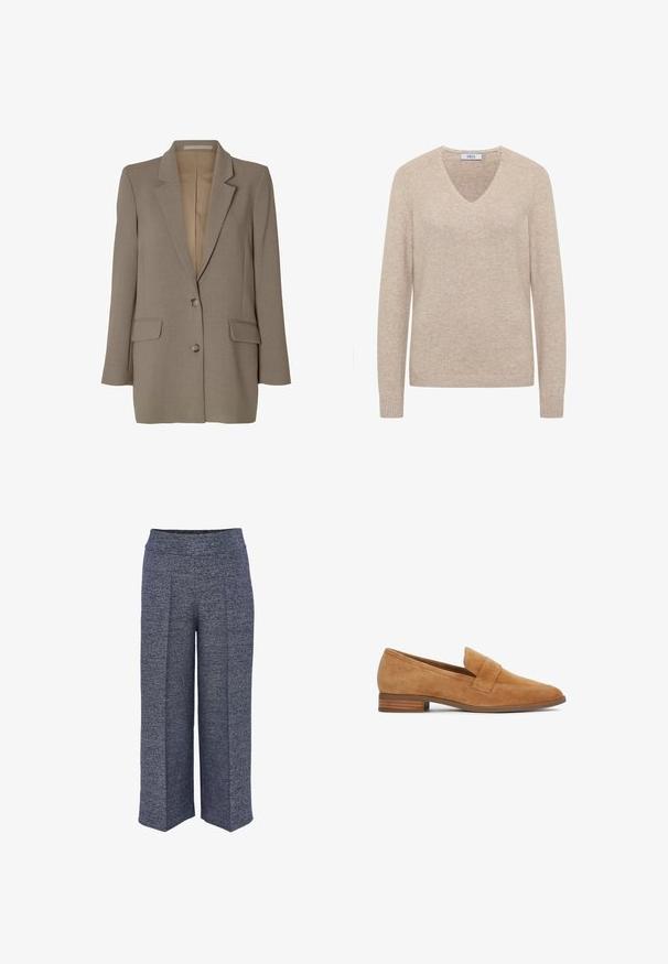 Taupekleurige single-breasted blazer met notch revers, twee voorzakken met klep en twee knopen, afgebeeld op een witte achtergrond.; Beige trui met een V-hals, lange mouwen en ribbelmanchetten. Gemaakt van zacht materiaal, met een subtiele textuur en een minimalistisch ontwerp.; Wijduitlopende broeken gemaakt van een gestructureerde marineblauwe stof, met een hoge tailleband en nette voorplooien voor een gestructureerd ontwerp.; Loafer van lichtbruine suède met een lage gestapelde hak en een brede riem over het wreef, zijaanzicht tegen een witte achtergrond.