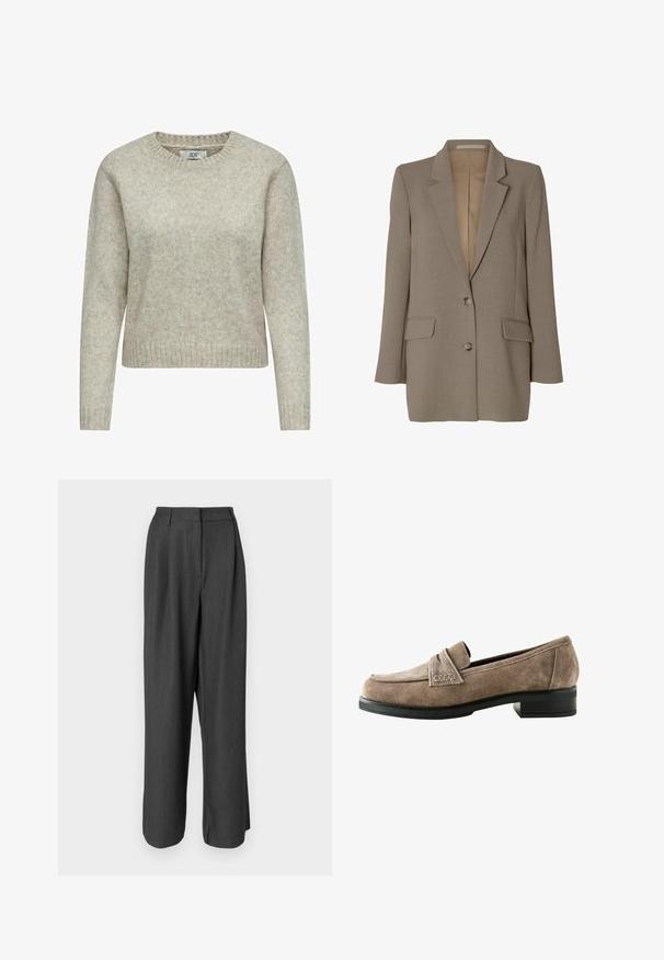 Blazer taupe simple boutonnage avec revers crantés, deux poches avant à rabat et deux boutons, présenté sur fond blanc.; Pull léger beige pour femmes en tricot doux, avec un col rond et des poignets et un ourlet côtelés. Design classique et coupe droite.; Pantalons larges gris foncé avec une coupe sur mesure. Présente une texture lisse, des détails de pli et une taille mi-haute.; Mocassins en suede marron avec un petit talon noir empilé. Présentent un détail cousu à l'avant et une doublure intérieure lisse. Design à bout rond.