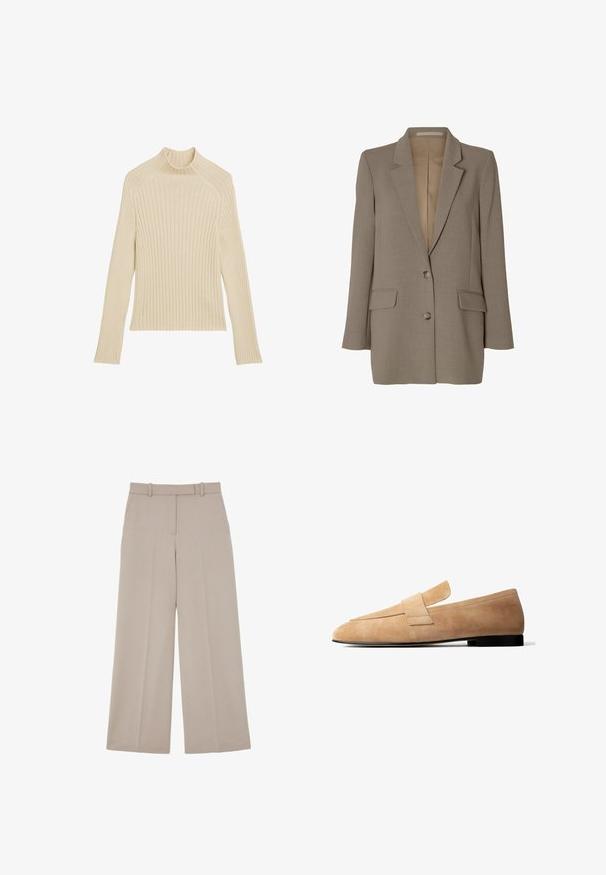Blazer taupe de un solo pecho con solapas con muesca, dos bolsillos delanteros con solapa y dos botones, mostrado sobre un fondo blanco.; Top de punto acanalado de manga larga en color blanco roto con cuello alto y corte ajustado. Presenta una textura vertical y un dobladillo cropped.; Pantalones beige de pierna ancha, con cierre frontal oculto y bolsillos laterales, diseñados para un look formal o business casual.; Mocasín de ante marrón claro con un tacón bajo negro y una amplia tira decorativa en la parte superior, mostrado de perfil sobre un fondo blanco.