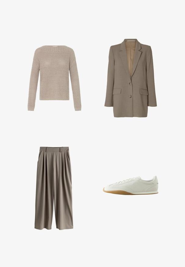 Blazer taupe simple boutonnage avec revers crantés, deux poches avant à rabat et deux boutons, présenté sur fond blanc.; Pull en tricot beige clair avec col rond, manches longues et poignets côtelés. Présente une coupe décontractée et un motif texturé sur l'ensemble.; Pantalon beige à jambes larges avec plis, passants de ceinture et poches latérales, conçu pour une coupe décontractée.; Baskets basses blanches avec semelle en caoutchouc marron, détails de couture, fermeture à lacets à l'avant et logo brodé sur le côté.