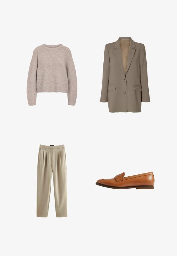 Taupekleurige single-breasted blazer met notch revers, twee voorzakken met klep en twee knopen, afgebeeld op een witte achtergrond.; Lichtbeige gebreide trui met een relaxte pasvorm, ronde halslijn en lange mouwen. Gelaagd, zacht materiaal met een gezellige uitstraling.; Beige geplooide broek met een relaxte pasvorm, voorzien van een knoopsluiting en riemlussen, gemaakt van een gladde stof met een zachte textuur.; Tan leren instapper met een slank ontwerp, voorzien van een voorste banddetail, ronde neus en een lage bruine hak. Gladde textuur, minimalistische stijl.