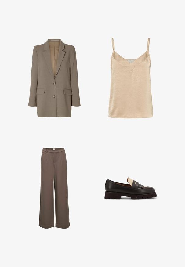 Blazer taupe simple boutonnage avec revers crantés, deux poches avant à rabat et deux boutons, présenté sur fond blanc.; Camisole en satin beige avec des bretelles fines, décolleté en V, texture légère et surface légèrement froissée pour un intérêt visuel supplémentaire.; Pantalons larges en tissu doux marron. Dotés d'une taille haute, de deux poches avant et d'une texture lisse avec un design décontracté.; Mocassin en cuir marron foncé avec une semelle épaisse à relief, un détail en cuir crème sur le dessus et une frange décorative sur le dessus du pied.