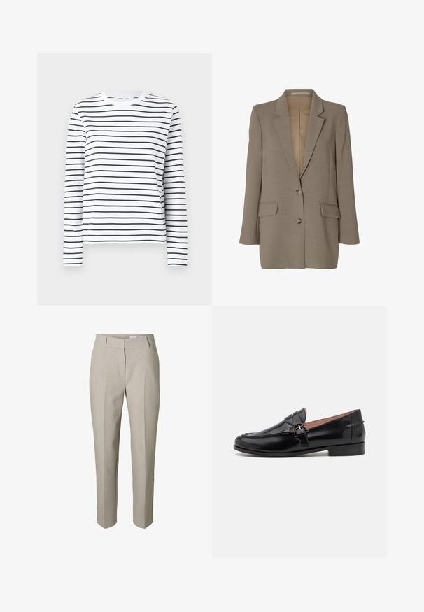 Taupe enkeltknappet blazer med notch revers, to forlommer med klap og to knapper, vist på hvid baggrund.; Langærmet skjorte i hvid bomuld med sorte horisontale striber. Har en rund halsudskæring og en afslappet pasform. Ingen bemærkelsesværdige accenter eller mønstre.; Beige skræddersyede bukser med bæltestropper, lynlås foran og pressede læg ned langs benene, vist mod en hvid baggrund.; Sorte læder loafers med en lav hæl, der har en spændeaccent, quiltede detaljer og en glat, blank overflade.
