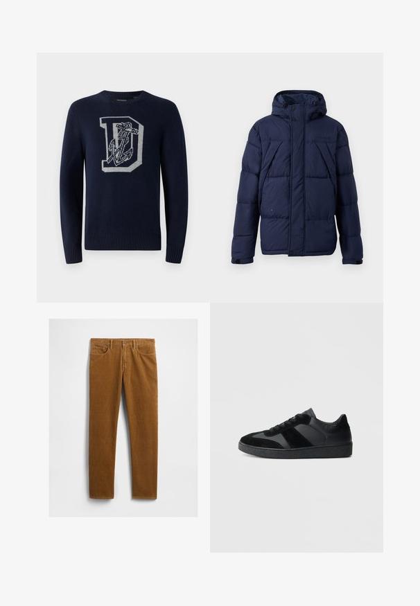 Mørkeblå pufferjakke med hætte, der har store quiltede sektioner, knapper foran og elastiske manchetter for en tætsiddende pasform.; Mørkeblå strikket sweater med rund hals, prydet med et stort gråt 'D' samt anker mønster på fronten, og ribbede manchetter og kant.; Brune cowboybukser med et lige ben design, som har fem lommer og en lukning med metal knap i taljen. Tekstureret stof.; Sorte sneakers med en kombination af glat læder og ruskind, med en tekstureret sort gummisål og subtil stripingdetalje.