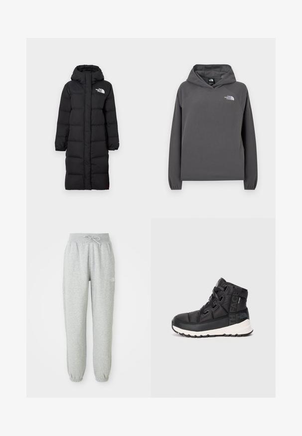 Sort lang puff jakke med hætte, quiltet design, The North Face-logo på brystet og sidelommer. Glat, isoleret stof.; Grå hættetrøje i fleece med en afslappet pasform, ribbede ærmegab og en lille hvid logo på venstre bryst. Blød tekstur og enkelt design.; Grå sweatpants med elastisk talje og snøre. Stoffet er blødt, og de har elastiske manchetter ved anklerne samt et logoaccent.; Sorte mellemhøje vandrestøvler med tekstureret overflade, justerbare snørebånd og hvid gummisål. Har branding på siden.