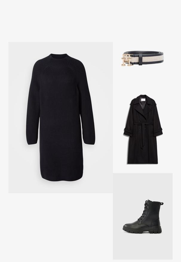 Manteau trench en laine noire avec un devant croisé, une taille ceinturée et des poignets retroussés. Les détails remarquables incluent des épaulettes.; Robe pull noire en tricot avec un col haut, de longues manches raglan et une coupe décontractée, présentant une texture côtelée sur l'ensemble.; Bottes en cuir noir à lacets avec un bout rond, une semelle en caoutchouc robuste et une languette à l'arrière. Caractéristiques : œillets métalliques et détails de coutures.; Ceinture en tissu roulé avec bords en cuir bleu marine et boucle entrelacée double "T" et "H" en métal doré sur fond blanc.