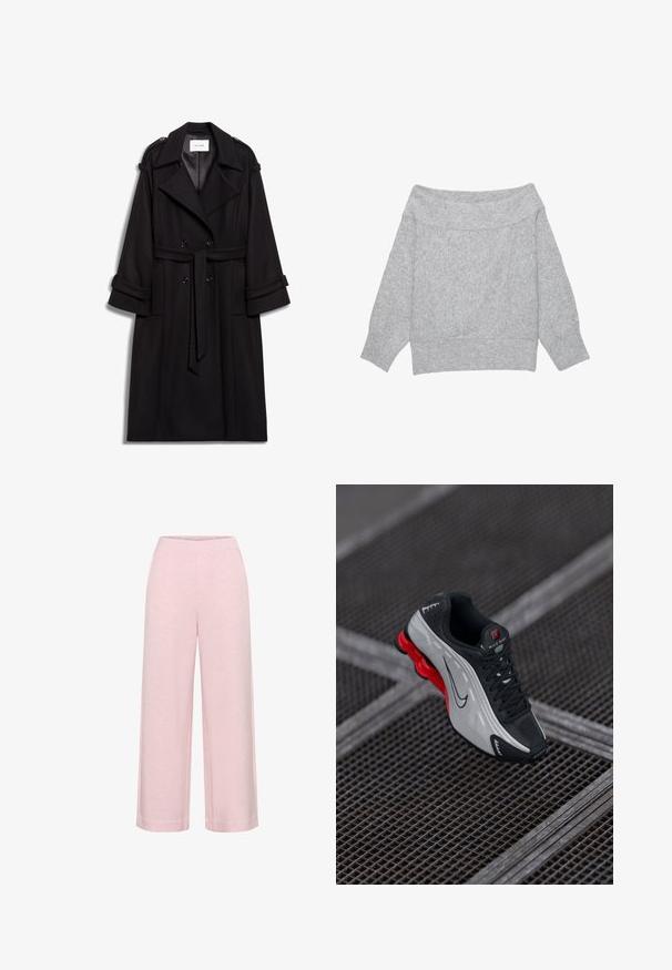 Zwarte wollen trenchcoat met een dubbelgeknoopte voorkant, een ceintuur in de taille en opgerolde manchetten. Opvallende details zijn de schouderepauletten.; Lichtgrijze gebreide off-shoulder trui met lange mouwen en geribbelde boorden en zoom, plat gelegd op een witte achtergrond.; Lichtroze wijde broek met elastische tailleband, zonder zichtbare zakken of sluitingen, vooraanzicht op een witte achtergrond.; Zwarte en grijze sportieve schoen met een rode dempende zool, zwarte veters en een swoosh-logo, rustend op een metalen rasteroppervlak.