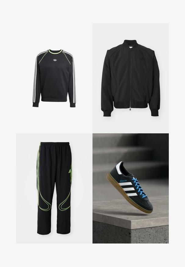 Čierna bomber bunda Adidas s predným zipsom, rebrovým golierom, manžetami, spodným lemom a malou zipsovou kapsou na ľavom rukáve.; Čierna mikina s bielym trojpruhovým dizajnom na rukávoch a limetkovými akcentmi. Má okrúhly výstrih a malú nášivku na hrudi.; Čierne atletické nohavice Adidas s neonovo zelenými zakrivenými líniami a tromi pruhmi po stranách, elastickým pásom a logom Adidas na prednom stehne.; Čierna teniska Adidas s bielymi pruhmi, modrými šnúrkami a gumovou podrážkou, ktorá sa vznáša nad sivým betónovým schodom v mäkkom svetle.