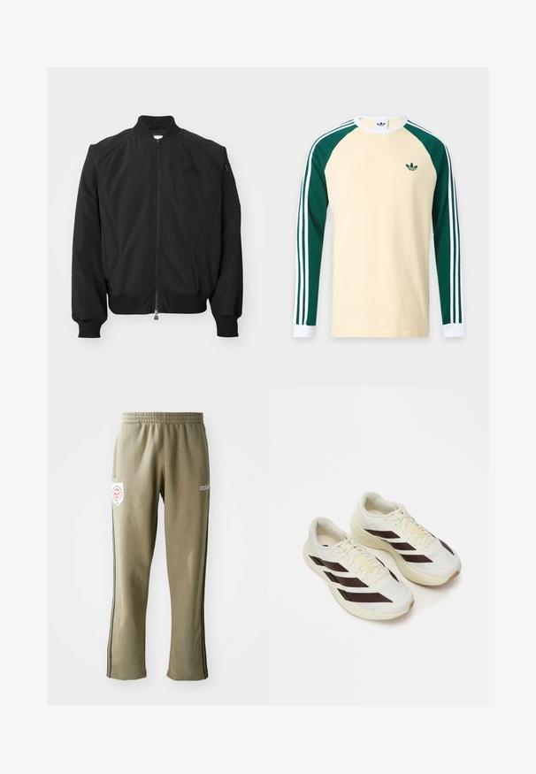 Čierna bomber bunda Adidas s predným zipsom, rebrovým golierom, manžetami, spodným lemom a malou zipsovou kapsou na ľavom rukáve.; Béžová košeľa s dlhým rukávom s tmavozelenými raglánovými rukávmi, bielymi manžetami, bielymi pruhmi na rukávoch a malým zeleným logom Adidas na hrudi.; Olivové tepláky so širokým elastickým pásom, bočnými vreckami, čiernymi bočnými prúžkami a logom na stehne.; Svetlé krémové bežecké tenisky s tmavohnedými diagonálnymi pruhmi, textúrovaný vrch z sieťoviny a polstrovanú podrážku. Obsahujú žltú značku "ADIZERO".