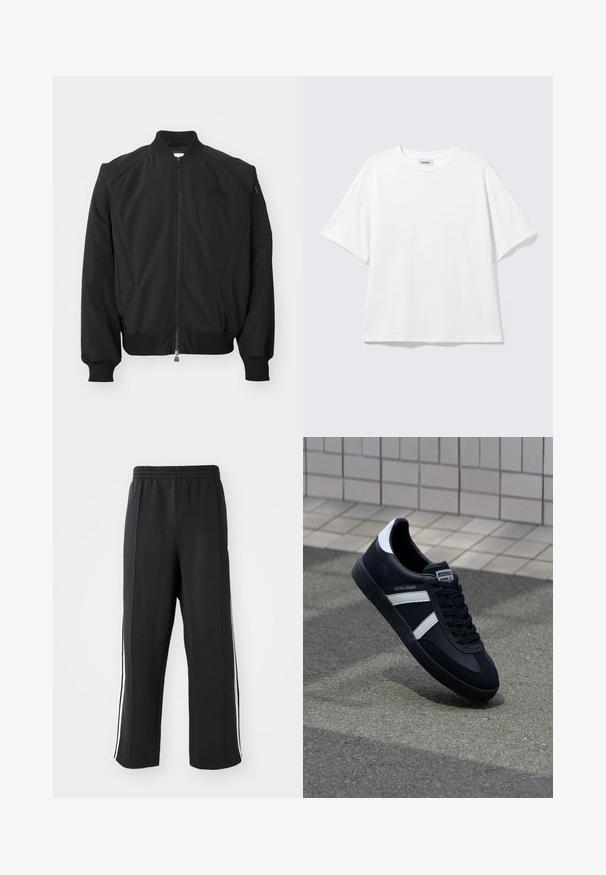 Čierna bomber bunda Adidas s predným zipsom, rebrovým golierom, manžetami, spodným lemom a malou zipsovou kapsou na ľavom rukáve.; Biele oversize tričko s krátkym rukávom a okrúhlym výstrihom s padnutými ramenami, položené na svetlošedom pozadí.; Čierne teplákové nohavice s elastickým pásom, s bielymi bočnými pruhmi a voľným strihom. Vyrobené z mäkkej, elastickej tkaniny.; Čierne kožené tenisky s bielymi pruhmi, textúrovanou gumovou podrážkou a šnurovaním vpredu. Obsahujú označenie značky na jazyku.