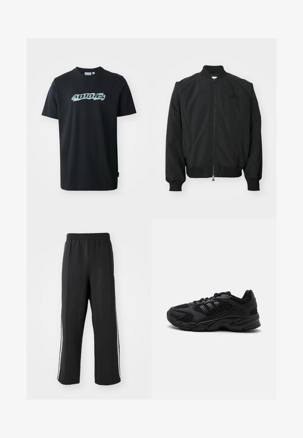 Čierna bomber bunda Adidas s predným zipsom, rebrovým golierom, manžetami, spodným lemom a malou zipsovou kapsou na ľavom rukáve.; Čierne bavlnené tričko s krátkymi rukávmi, na prednej strane s lesklým, viacfarebným logom "ADIDAS". Klasický dizajn s okrúhlym výstrihom.; Čierne teplákové nohavice s elastickým pásom, s bielymi bočnými pruhmi a voľným strihom. Vyrobené z mäkkej, elastickej tkaniny.; Čierne športové topánky s kombináciou priedušnej sieťoviny a syntetických materiálov. Výrazná štruktúrovaná podrážka a tri čierne pruhy na strane.