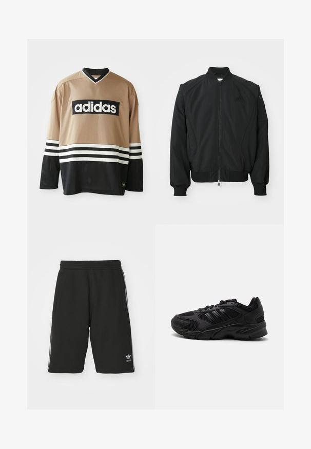 Čierna bomber bunda Adidas s predným zipsom, rebrovým golierom, manžetami, spodným lemom a malou zipsovou kapsou na ľavom rukáve.; Dlhý rukáv športovej dresy Adidas v béžovej a čiernej farbe s bielymi pruhmi, sieťovina a logo Adidas na hrudi a dolnom leme.; Čierne šortky vyrobené z kombinácie bavlny s elastickým pásom, s bielymi bočnými prúžkami a malým logom v dolnom ľavom rohu.; Čierne športové topánky s kombináciou priedušnej sieťoviny a syntetických materiálov. Výrazná štruktúrovaná podrážka a tri čierne pruhy na strane.