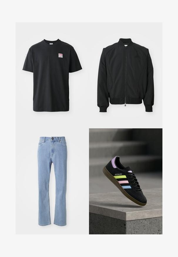 Čierna bomber bunda Adidas s predným zipsom, rebrovým golierom, manžetami, spodným lemom a malou zipsovou kapsou na ľavom rukáve.; Čierne bavlnené tričko s krátkymi rukávmi a okrúhlym výstrihom, s malou farebnou nálepkou na ľavej hrudi s nápisom "SUPERIOR."; Svetlomodré džínsy s rovnými nohavicami, päť vrecúškovým štýlom, s jedným gombíkom na uzatvorenie a jemným efektom blednutia.; Čierna teniska Adidas Spezial s pastelovo žltými, ružovými a modrými pruhmi, levanduľovým jazýčkom na päte a hnedou podrážkou, vznášajúca sa nad betónovou hranou.